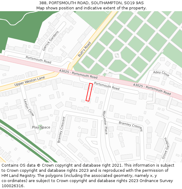 388, PORTSMOUTH ROAD, SOUTHAMPTON, SO19 9AS: Location map and indicative extent of plot