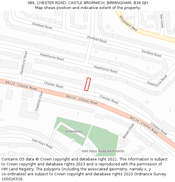 389, CHESTER ROAD, CASTLE BROMWICH, BIRMINGHAM, B36 0JH: Location map and indicative extent of plot