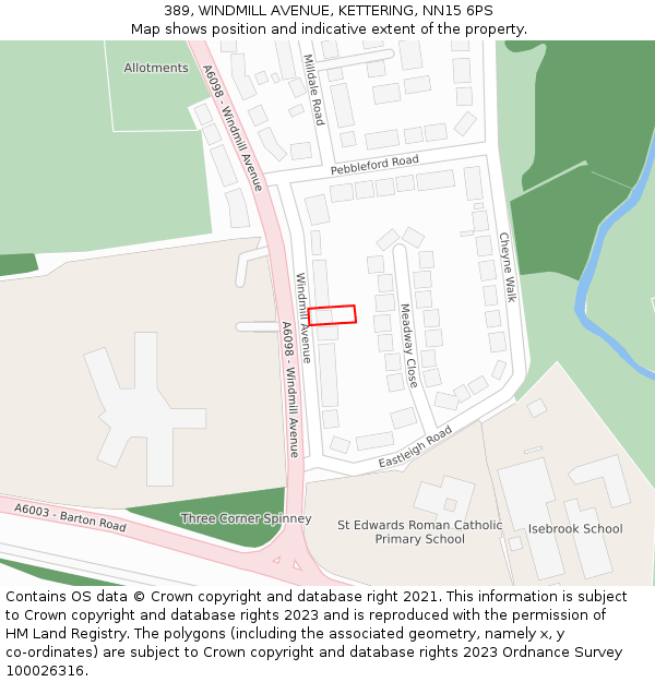 389, WINDMILL AVENUE, KETTERING, NN15 6PS: Location map and indicative extent of plot