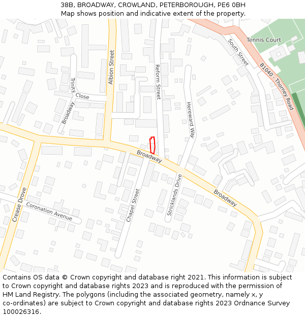 38B, BROADWAY, CROWLAND, PETERBOROUGH, PE6 0BH: Location map and indicative extent of plot