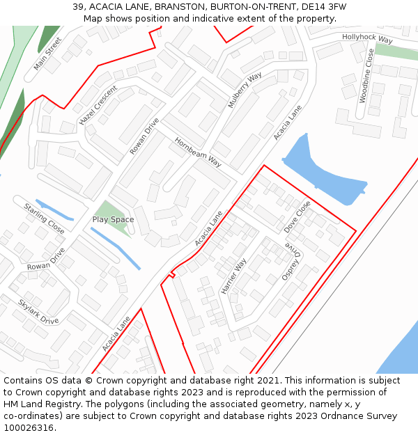 39, ACACIA LANE, BRANSTON, BURTON-ON-TRENT, DE14 3FW: Location map and indicative extent of plot