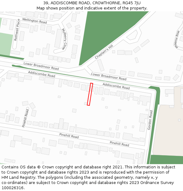 39, ADDISCOMBE ROAD, CROWTHORNE, RG45 7JU: Location map and indicative extent of plot