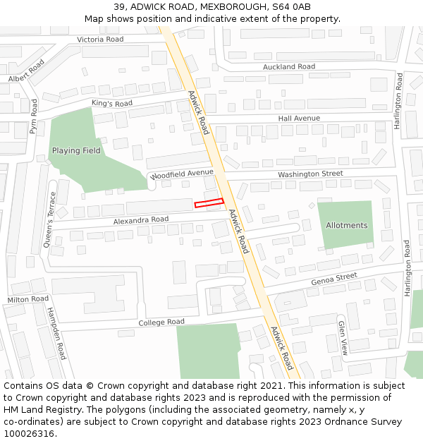 39, ADWICK ROAD, MEXBOROUGH, S64 0AB: Location map and indicative extent of plot
