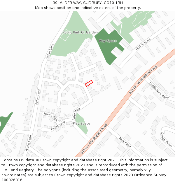 39, ALDER WAY, SUDBURY, CO10 1BH: Location map and indicative extent of plot