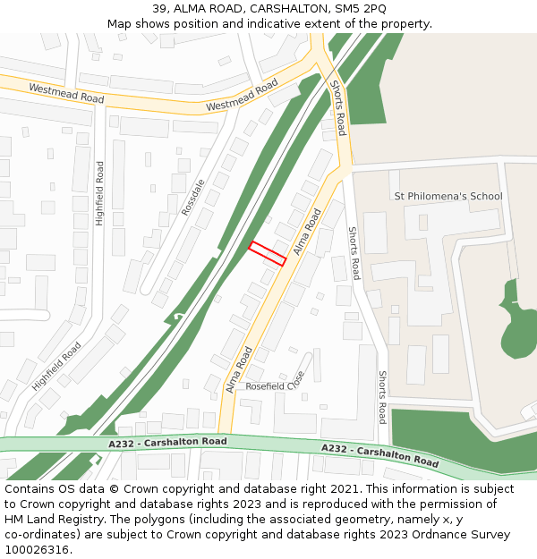 39, ALMA ROAD, CARSHALTON, SM5 2PQ: Location map and indicative extent of plot
