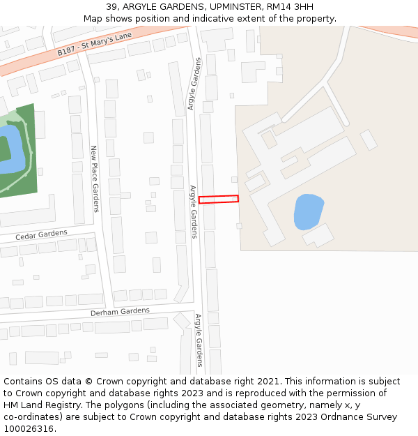 39, ARGYLE GARDENS, UPMINSTER, RM14 3HH: Location map and indicative extent of plot