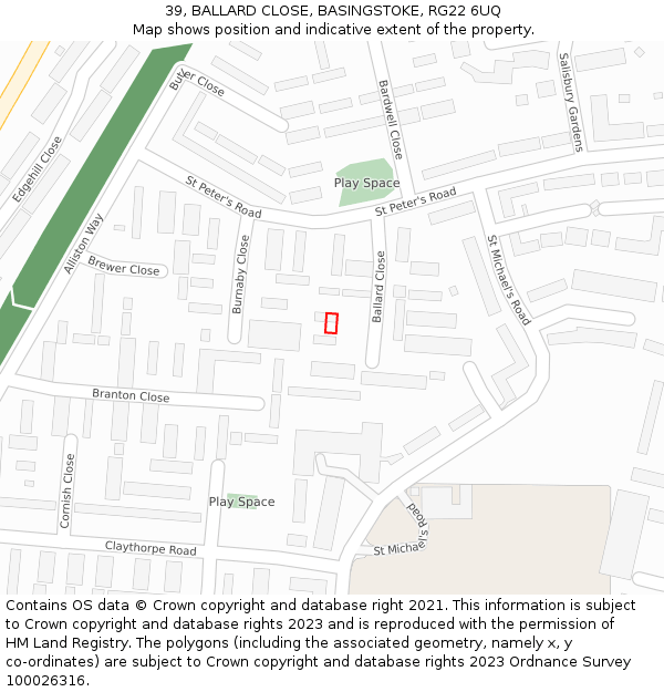39, BALLARD CLOSE, BASINGSTOKE, RG22 6UQ: Location map and indicative extent of plot
