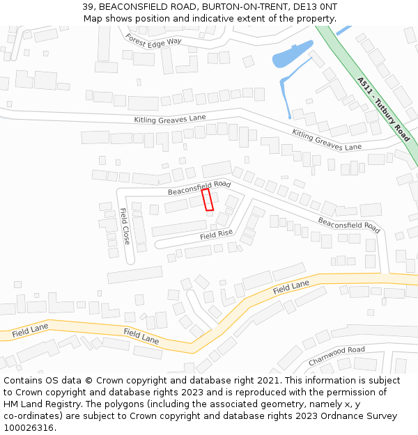39, BEACONSFIELD ROAD, BURTON-ON-TRENT, DE13 0NT: Location map and indicative extent of plot