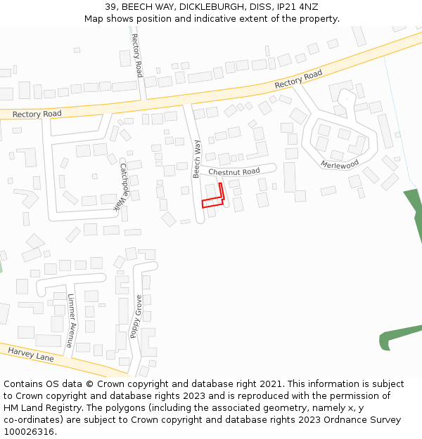 39, BEECH WAY, DICKLEBURGH, DISS, IP21 4NZ: Location map and indicative extent of plot