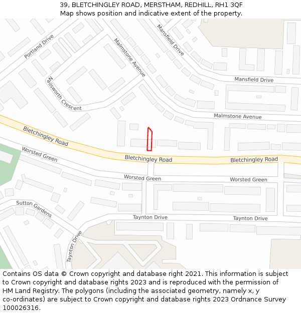 39, BLETCHINGLEY ROAD, MERSTHAM, REDHILL, RH1 3QF: Location map and indicative extent of plot