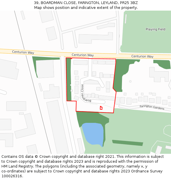 39, BOARDMAN CLOSE, FARINGTON, LEYLAND, PR25 3BZ: Location map and indicative extent of plot