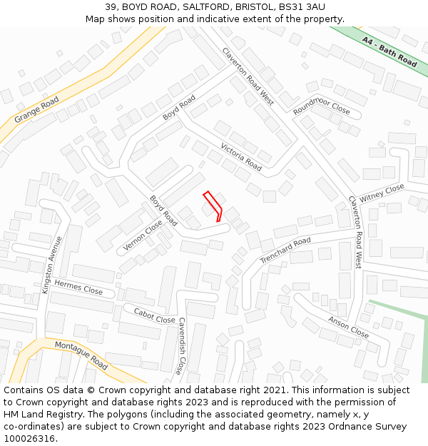39, BOYD ROAD, SALTFORD, BRISTOL, BS31 3AU: Location map and indicative extent of plot