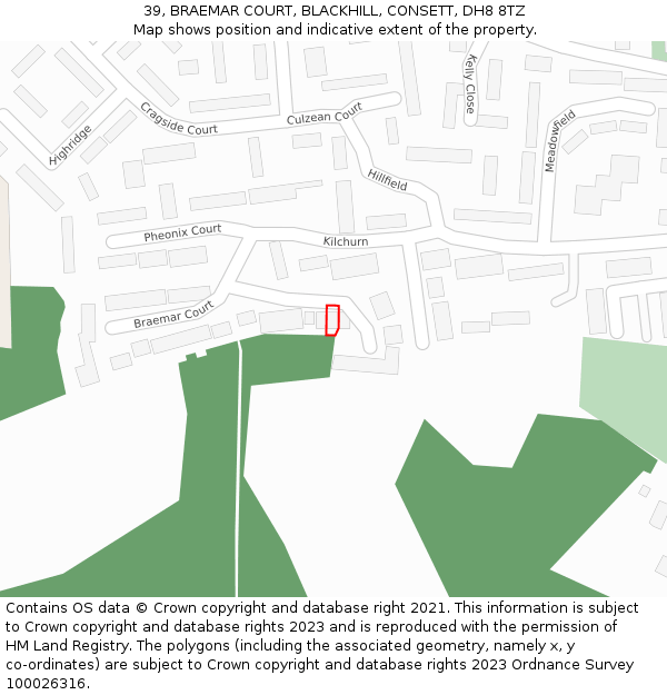 39, BRAEMAR COURT, BLACKHILL, CONSETT, DH8 8TZ: Location map and indicative extent of plot