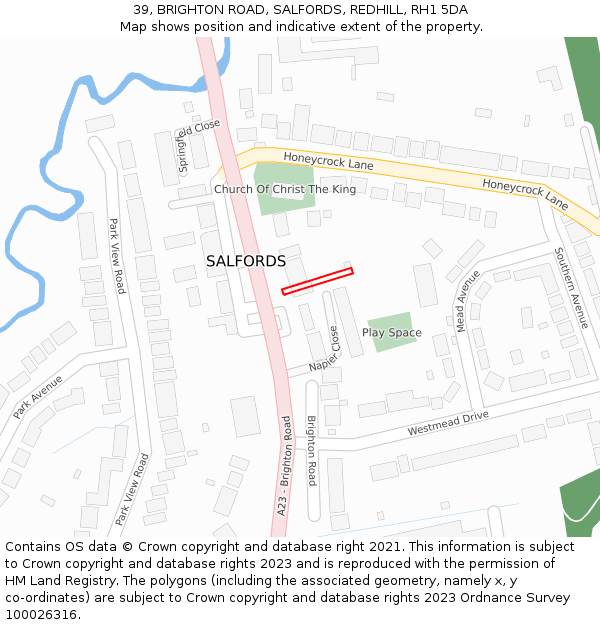 39, BRIGHTON ROAD, SALFORDS, REDHILL, RH1 5DA: Location map and indicative extent of plot