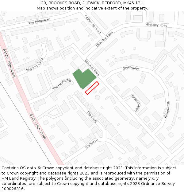 39, BROOKES ROAD, FLITWICK, BEDFORD, MK45 1BU: Location map and indicative extent of plot