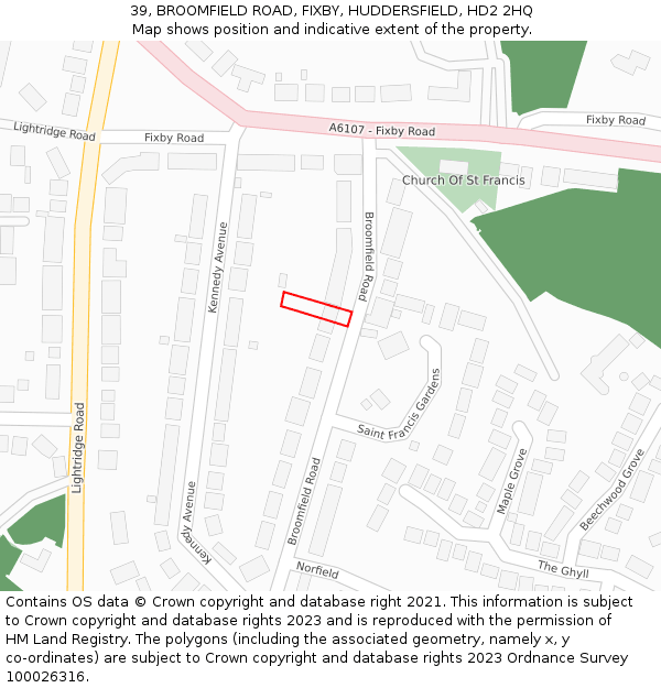 39, BROOMFIELD ROAD, FIXBY, HUDDERSFIELD, HD2 2HQ: Location map and indicative extent of plot