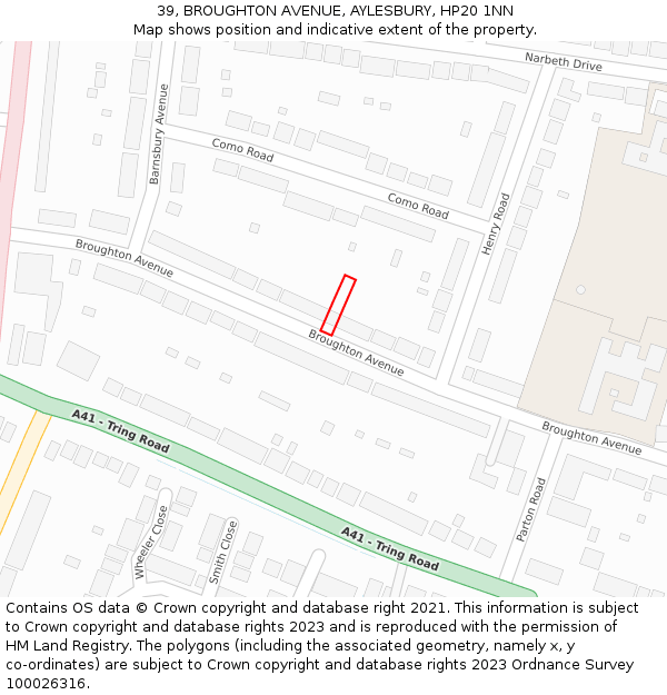 39, BROUGHTON AVENUE, AYLESBURY, HP20 1NN: Location map and indicative extent of plot