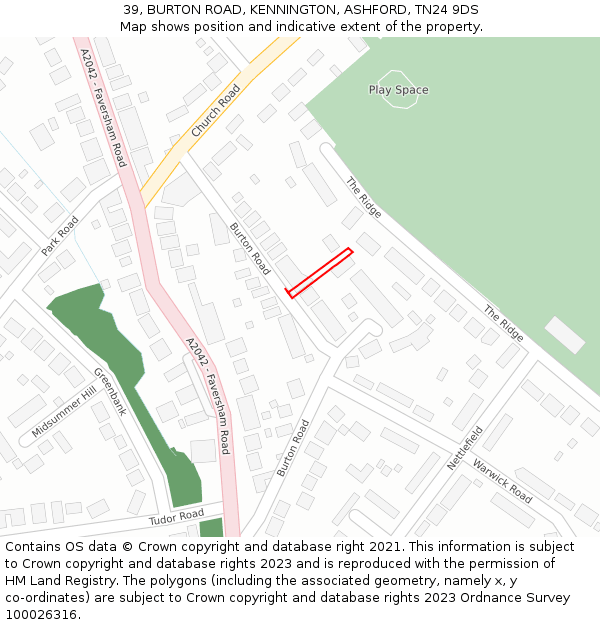 39, BURTON ROAD, KENNINGTON, ASHFORD, TN24 9DS: Location map and indicative extent of plot