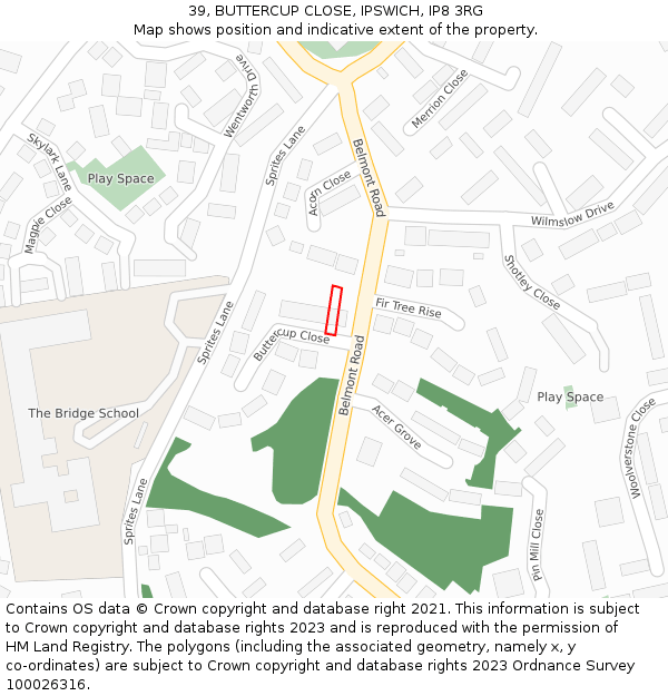 39, BUTTERCUP CLOSE, IPSWICH, IP8 3RG: Location map and indicative extent of plot