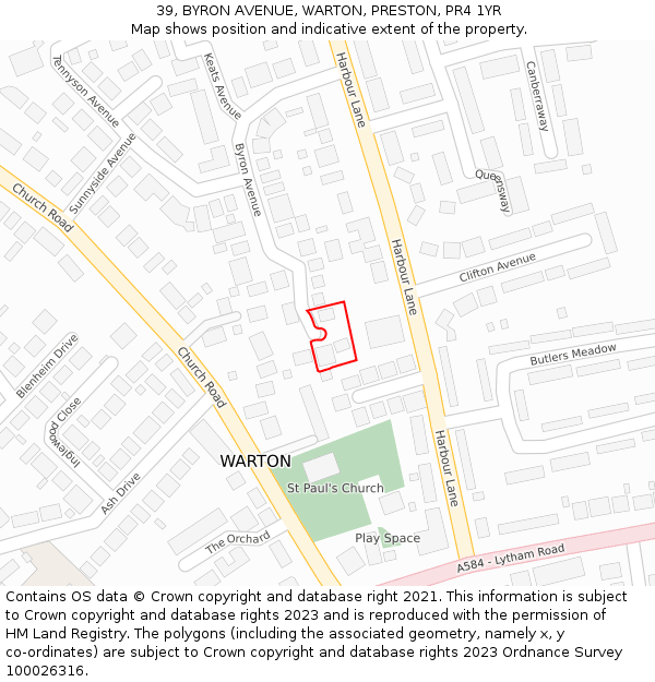 39, BYRON AVENUE, WARTON, PRESTON, PR4 1YR: Location map and indicative extent of plot