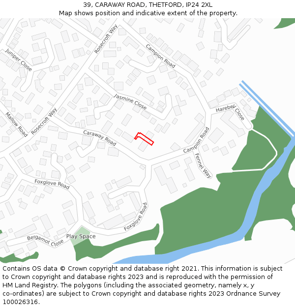 39, CARAWAY ROAD, THETFORD, IP24 2XL: Location map and indicative extent of plot