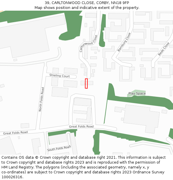 39, CARLTONWOOD CLOSE, CORBY, NN18 9FP: Location map and indicative extent of plot