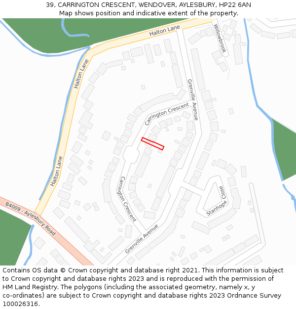 39, CARRINGTON CRESCENT, WENDOVER, AYLESBURY, HP22 6AN: Location map and indicative extent of plot
