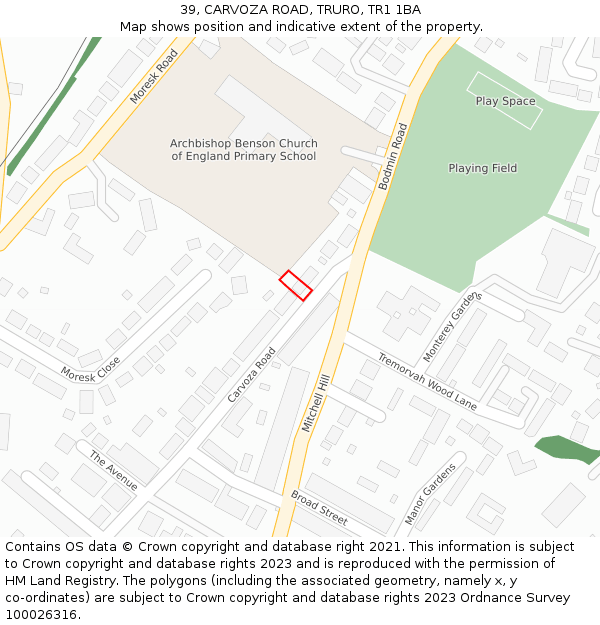39, CARVOZA ROAD, TRURO, TR1 1BA: Location map and indicative extent of plot