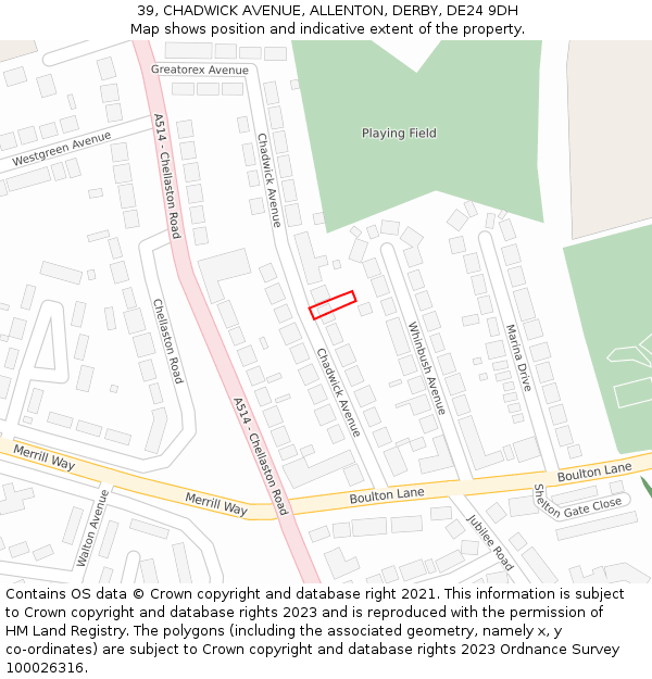39, CHADWICK AVENUE, ALLENTON, DERBY, DE24 9DH: Location map and indicative extent of plot