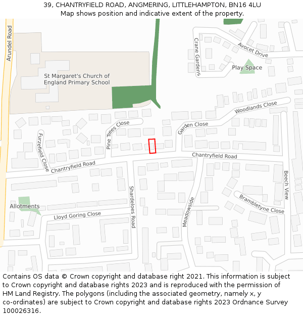 39, CHANTRYFIELD ROAD, ANGMERING, LITTLEHAMPTON, BN16 4LU: Location map and indicative extent of plot
