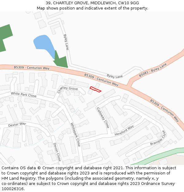 39, CHARTLEY GROVE, MIDDLEWICH, CW10 9GG: Location map and indicative extent of plot