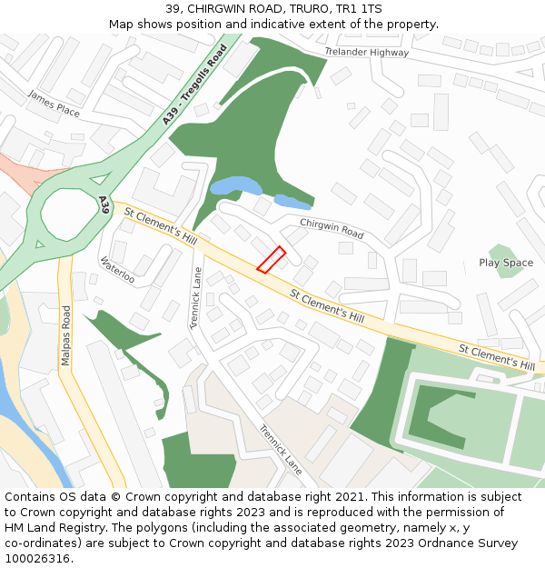 39, CHIRGWIN ROAD, TRURO, TR1 1TS: Location map and indicative extent of plot