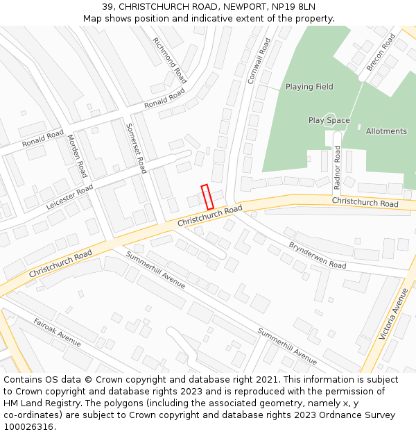 39, CHRISTCHURCH ROAD, NEWPORT, NP19 8LN: Location map and indicative extent of plot
