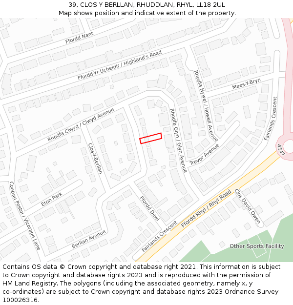 39, CLOS Y BERLLAN, RHUDDLAN, RHYL, LL18 2UL: Location map and indicative extent of plot