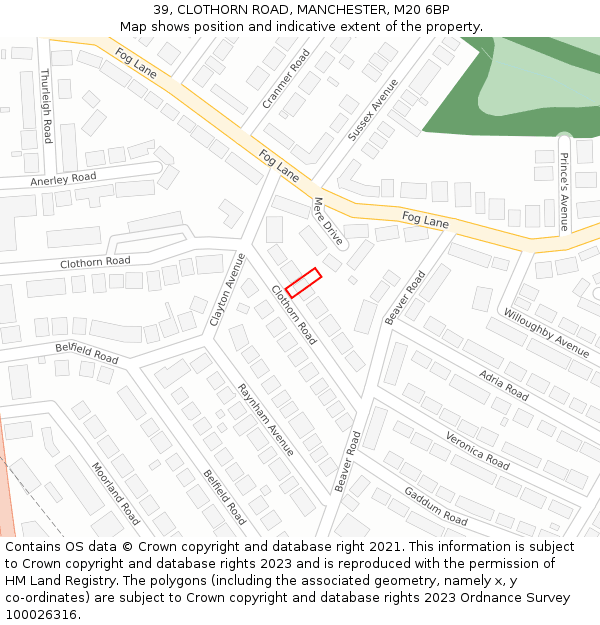 39, CLOTHORN ROAD, MANCHESTER, M20 6BP: Location map and indicative extent of plot