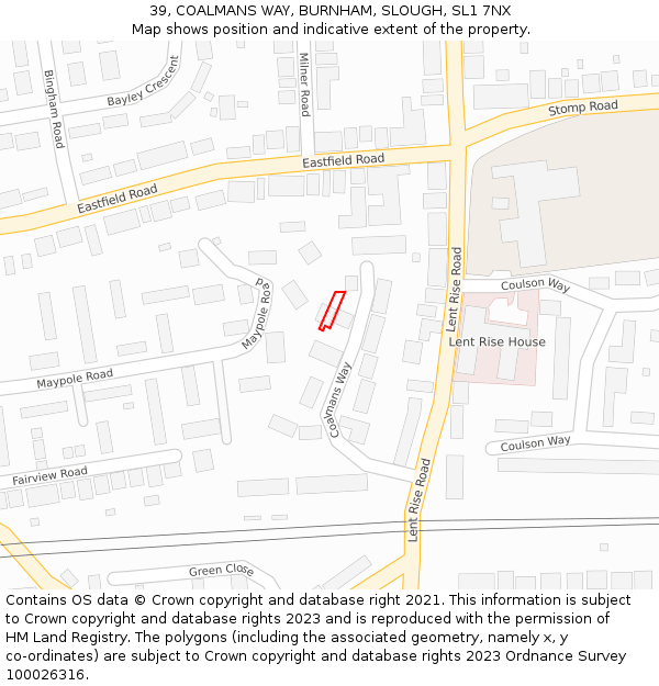 39, COALMANS WAY, BURNHAM, SLOUGH, SL1 7NX: Location map and indicative extent of plot