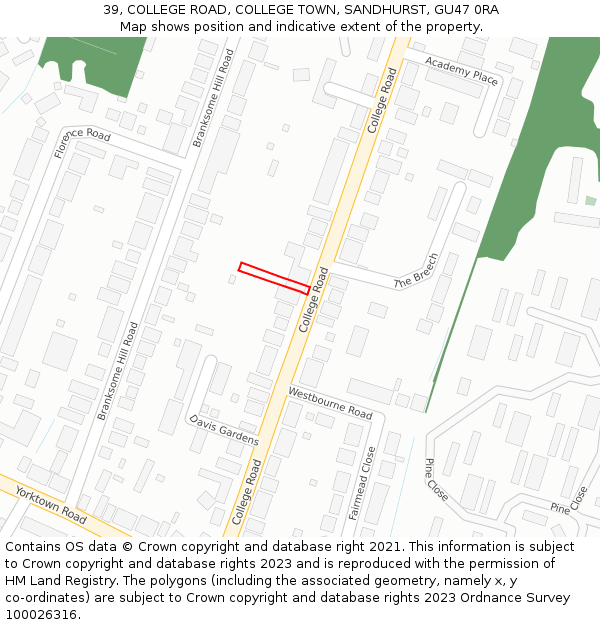 39, COLLEGE ROAD, COLLEGE TOWN, SANDHURST, GU47 0RA: Location map and indicative extent of plot