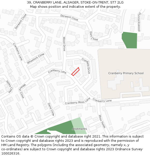 39, CRANBERRY LANE, ALSAGER, STOKE-ON-TRENT, ST7 2LG: Location map and indicative extent of plot