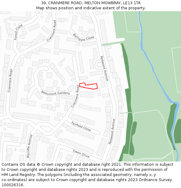 39, CRANMERE ROAD, MELTON MOWBRAY, LE13 1TA: Location map and indicative extent of plot
