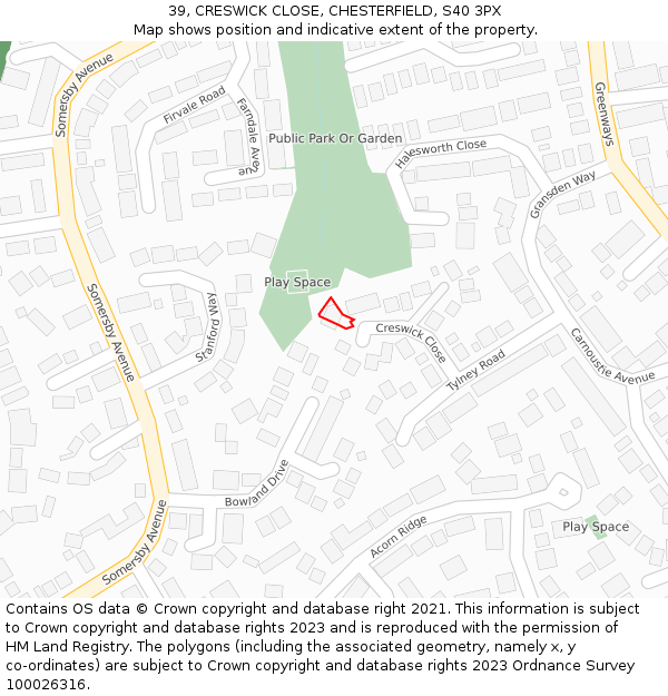 39, CRESWICK CLOSE, CHESTERFIELD, S40 3PX: Location map and indicative extent of plot