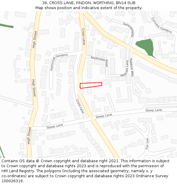 39, CROSS LANE, FINDON, WORTHING, BN14 0UB: Location map and indicative extent of plot