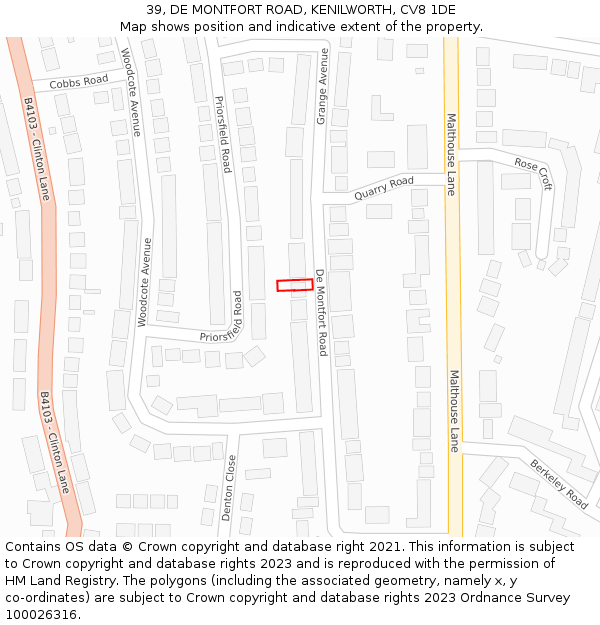 39, DE MONTFORT ROAD, KENILWORTH, CV8 1DE: Location map and indicative extent of plot