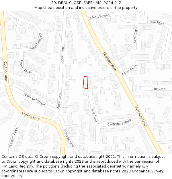39, DEAL CLOSE, FAREHAM, PO14 2LZ: Location map and indicative extent of plot