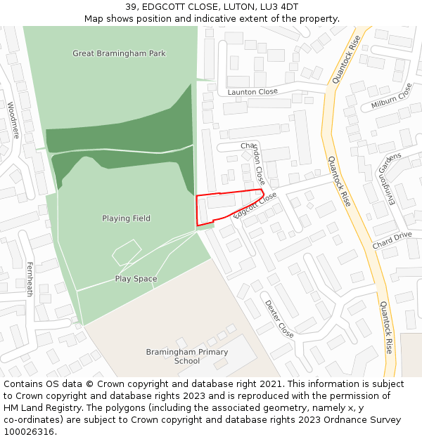 39, EDGCOTT CLOSE, LUTON, LU3 4DT: Location map and indicative extent of plot