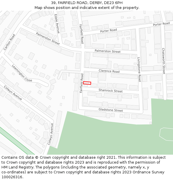 39, FAIRFIELD ROAD, DERBY, DE23 6PH: Location map and indicative extent of plot