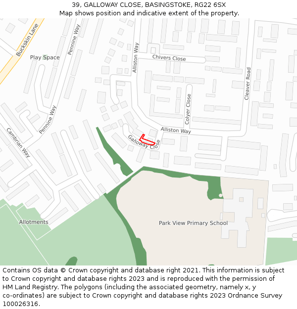 39, GALLOWAY CLOSE, BASINGSTOKE, RG22 6SX: Location map and indicative extent of plot