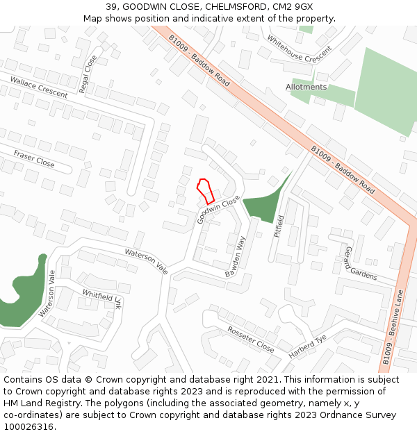 39, GOODWIN CLOSE, CHELMSFORD, CM2 9GX: Location map and indicative extent of plot