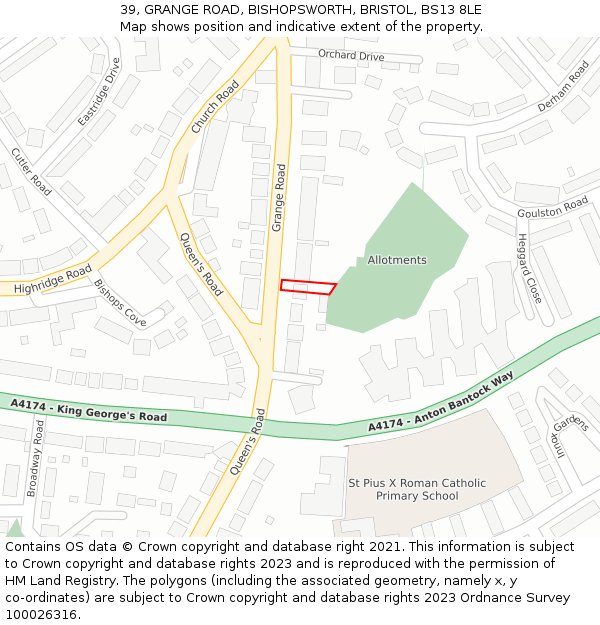 39, GRANGE ROAD, BISHOPSWORTH, BRISTOL, BS13 8LE: Location map and indicative extent of plot