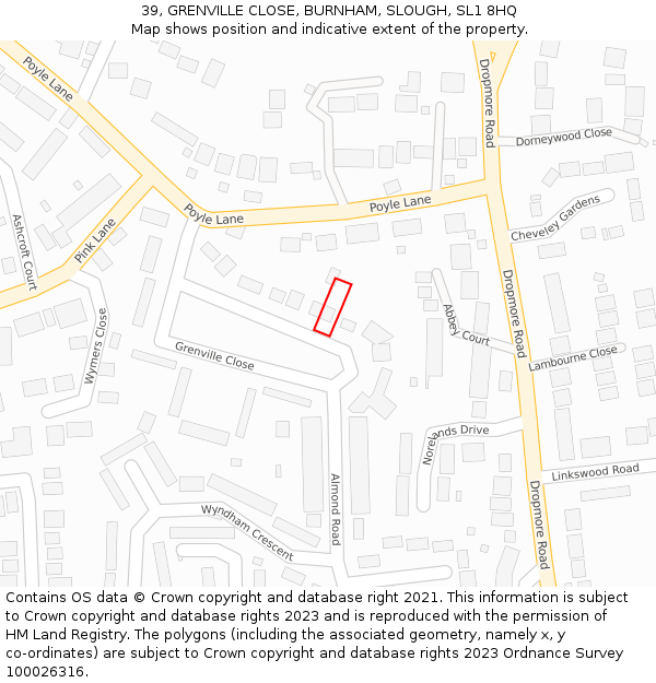 39, GRENVILLE CLOSE, BURNHAM, SLOUGH, SL1 8HQ: Location map and indicative extent of plot