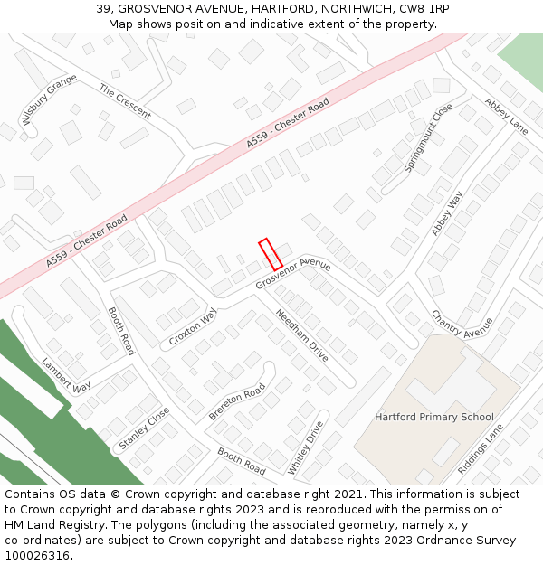 39, GROSVENOR AVENUE, HARTFORD, NORTHWICH, CW8 1RP: Location map and indicative extent of plot